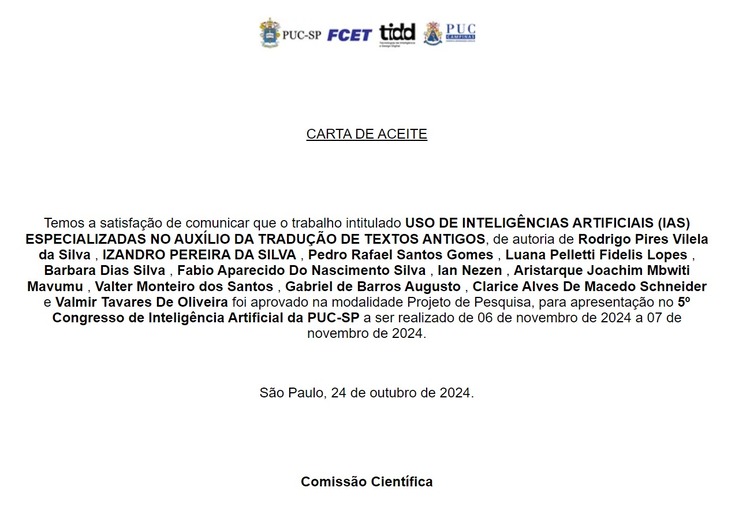 Carta de aceite publicada pela PUC-SP